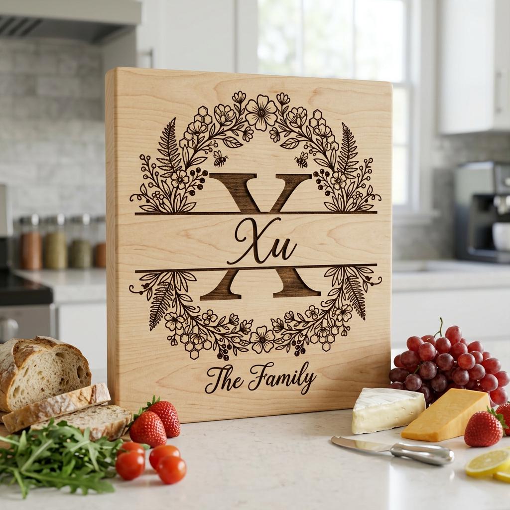 Set di incisione per tagliere, Ape e fiori di campo, Monogramma familiare personalizzato, Alfabeto floreale - immagine 9