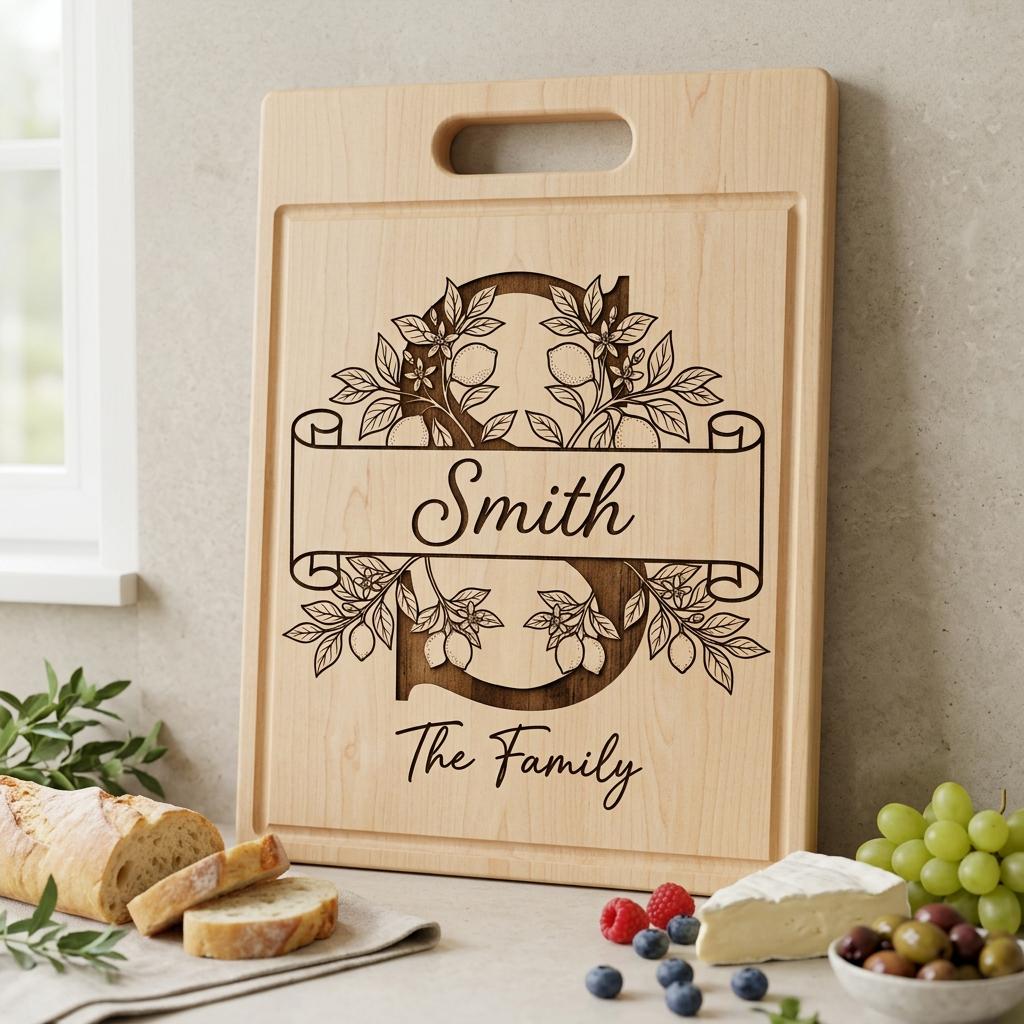 Chopping Board Engraving File, Lemon Monogram Bundle, Custom Family Name Design