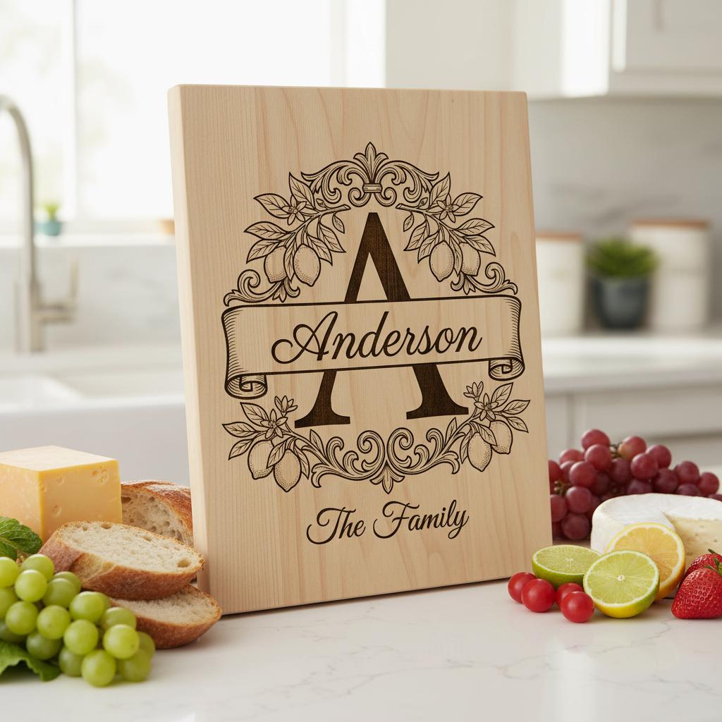 Schneidebrett Lasergravur-Datei, Zitronenzweig-Monogramm, Personalisierter Familienname – Bild 2