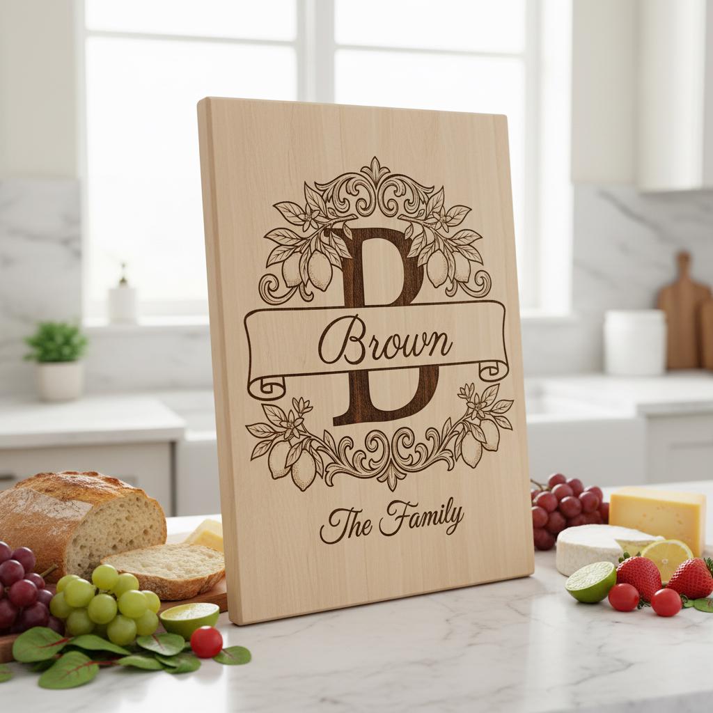 Schneidebrett Lasergravur-Datei, Zitronenzweig-Monogramm, Personalisierter Familienname – Bild 3