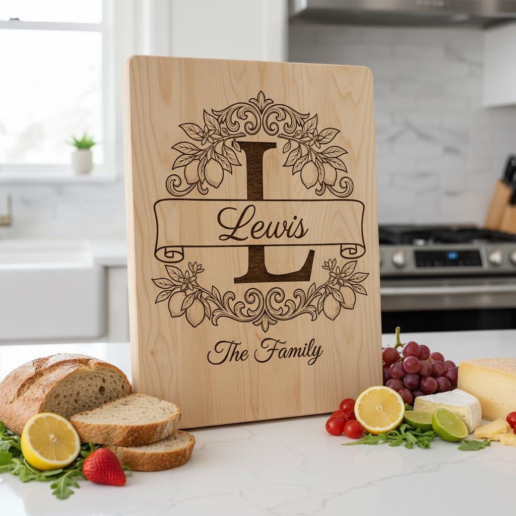 Schneidebrett Lasergravur-Datei, Zitronenzweig-Monogramm, Personalisierter Familienname – Bild 5