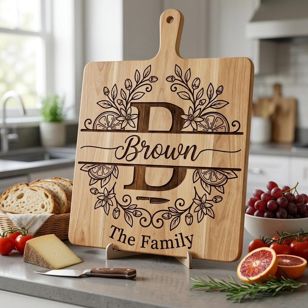 Schneidebrett Monogrammdatei, Personalisierter Familienname, Zitrusrankenblätter-Design – Bild 2