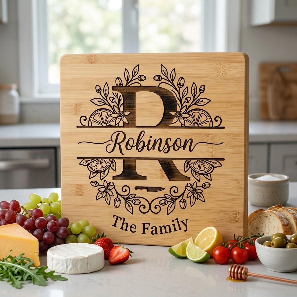 Schneidebrett Monogrammdatei, Personalisierter Familienname, Zitrusrankenblätter-Design – Bild 7