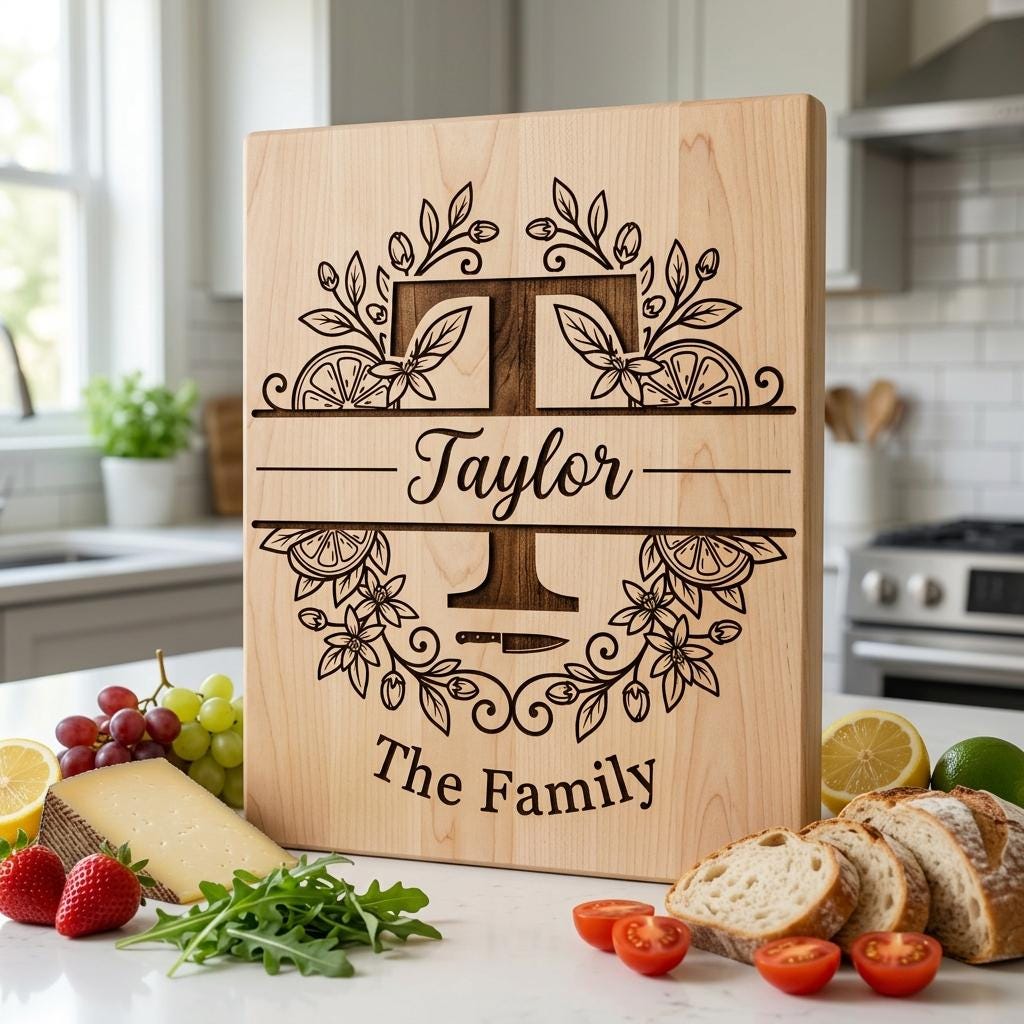 Schneidebrett Monogrammdatei, Personalisierter Familienname, Zitrusrankenblätter-Design – Bild 8