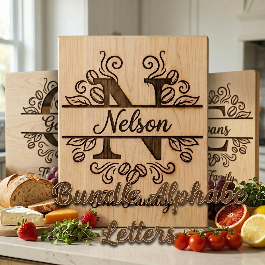 Coffee Monogram Alphabet Bundle, Laser Engraved Family Name Board Design