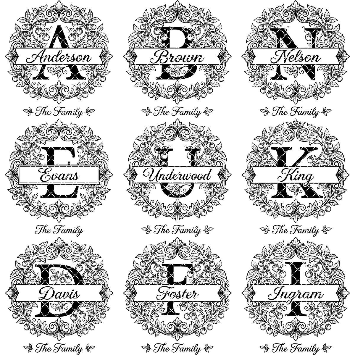 Custom Family Name Monogram, Laser Engraving Design, Initials, Banners Vines – Image 10