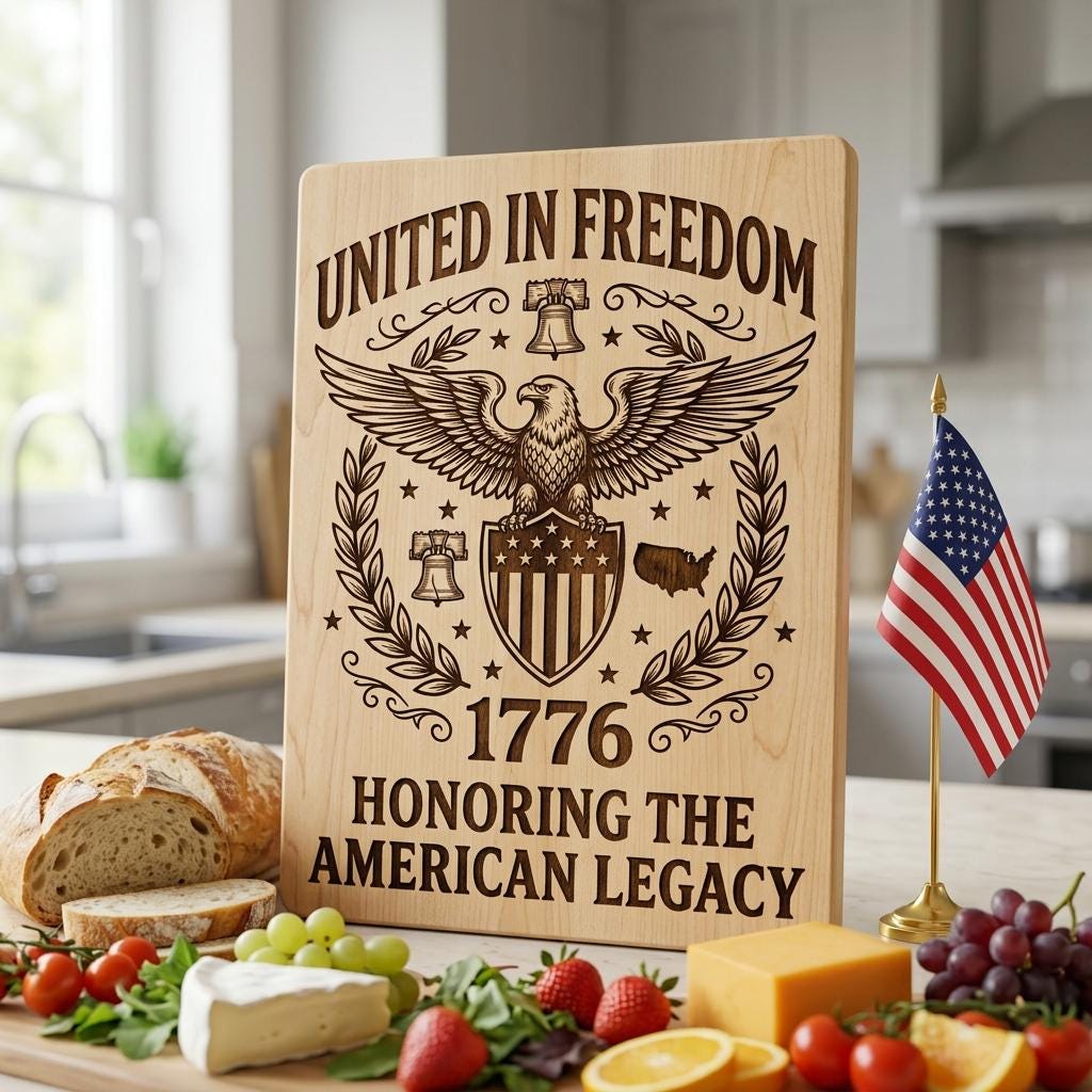 Eagle Flag Laurel Laser Engraving Design, 250th US Anniversary, Chopping Board