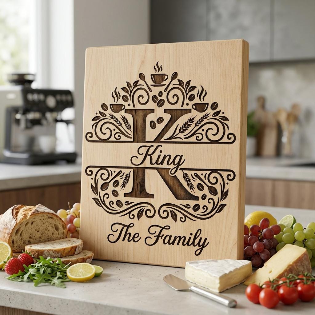 Pacchetto di file per incisione per taglieri, monogramma familiare personalizzato, disegni per cucina a tema caffè - immagine 4