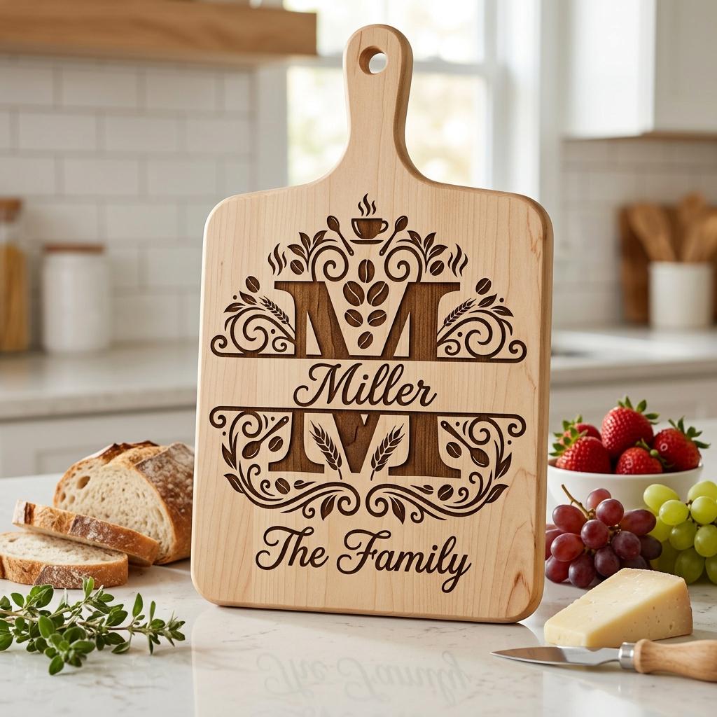 Pacchetto di file per incisione per taglieri, monogramma familiare personalizzato, disegni per cucina a tema caffè - immagine 5
