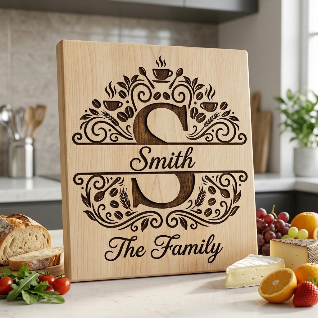 Pacchetto di file per incisione per taglieri, monogramma familiare personalizzato, disegni per cucina a tema caffè - immagine 8