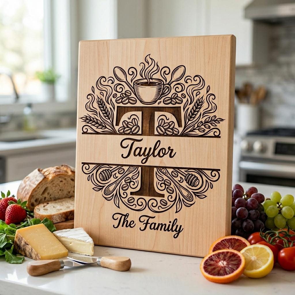 Pacchetto di file per incisione per taglieri, monogramma familiare personalizzato, disegni per cucina a tema caffè - immagine 9