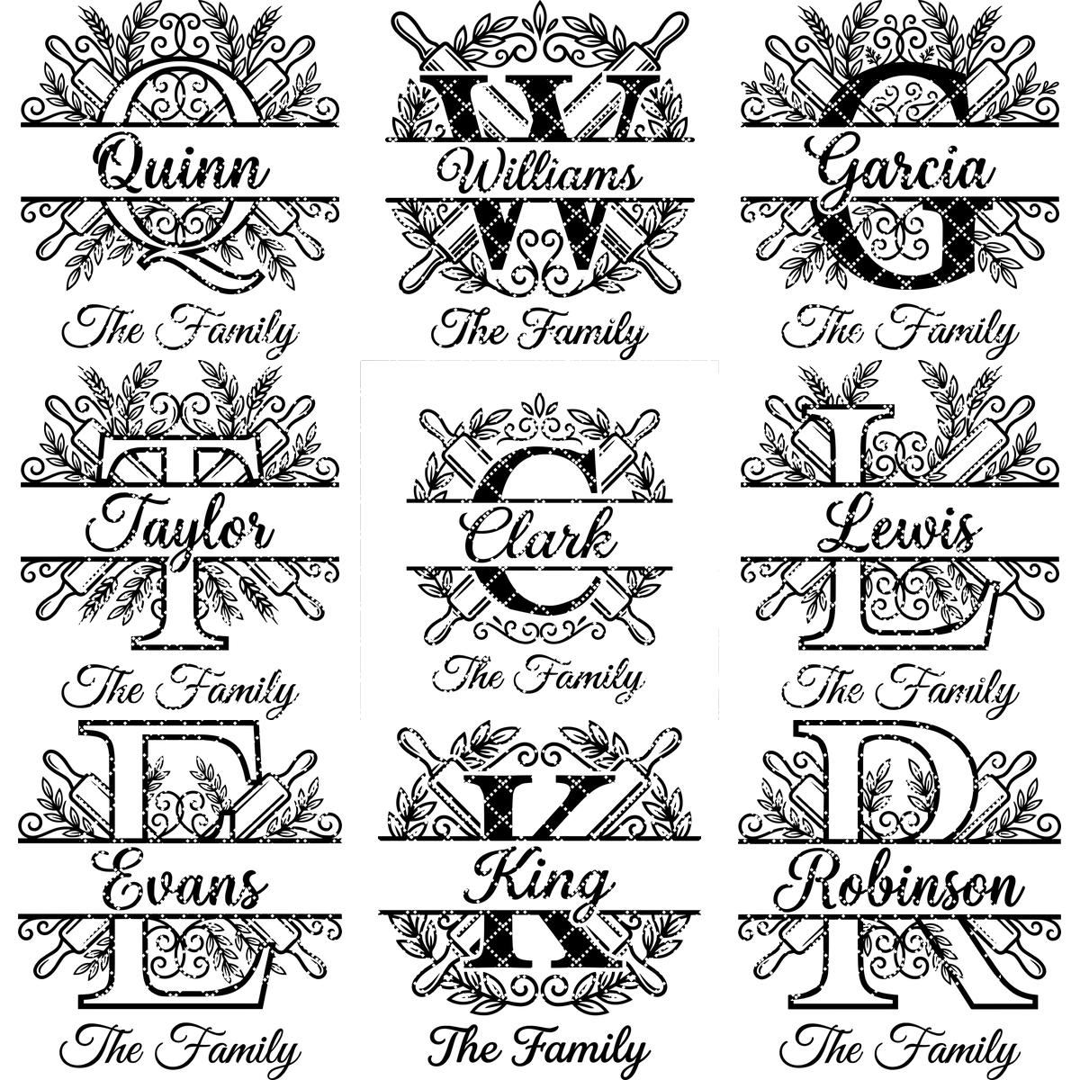 Gravurdateien-Paket, Monogramm Familienname, Küchenerbe, Nudelholz-Lorbeer-Alphabet-Designs – Bild 14