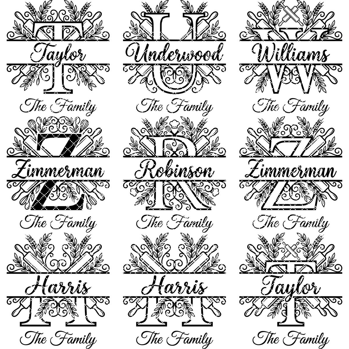Gravurdateien-Paket, Monogramm Familienname, Küchenerbe, Nudelholz-Lorbeer-Alphabet-Designs – Bild 15