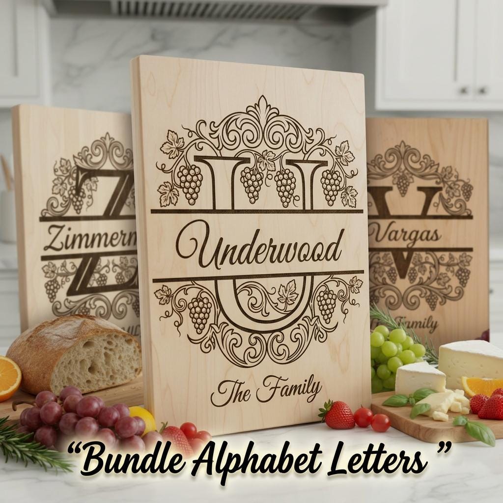 Family Crest Monogram Bundle, Grapevine Alphabet Engraving File, Personalized Gift