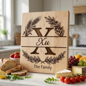 Monogram Alphabet Engraving File, Custom Family Name, Wheat Olive Branch Board Design