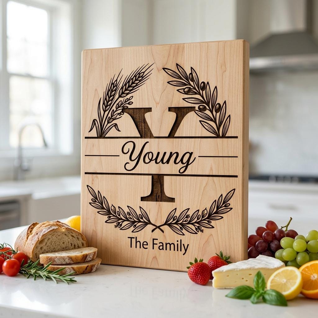 Monogram Alphabet Engraving File, Custom Family Name, Wheat Olive Branch Board Design