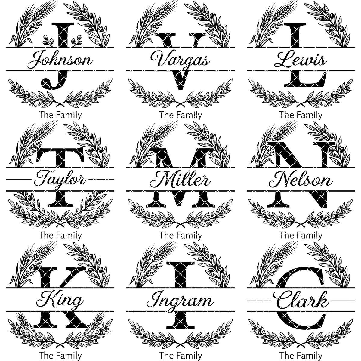 Monogram Alphabet Engraving File, Custom Family Name, Wheat Olive Branch Board Design