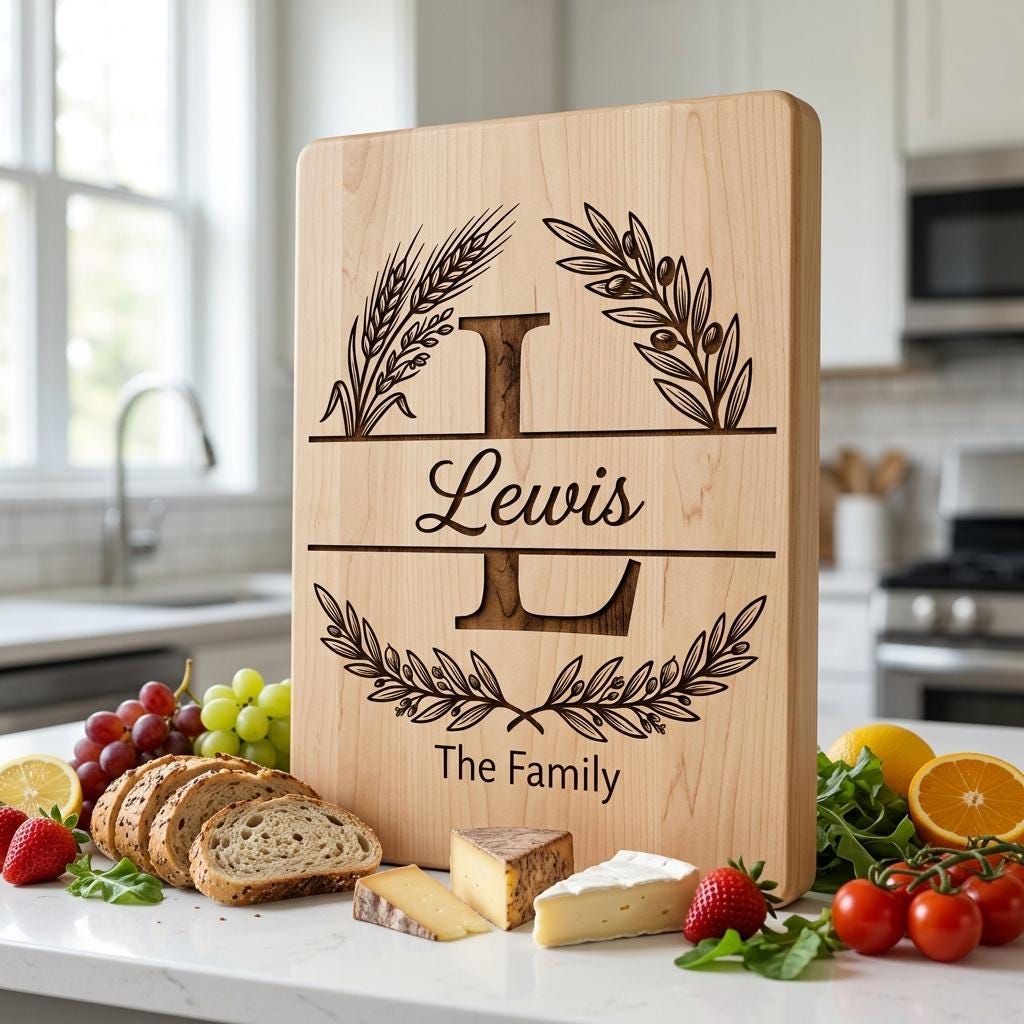 Monogram Alphabet Engraving File, Custom Family Name, Wheat Olive Branch Board Design