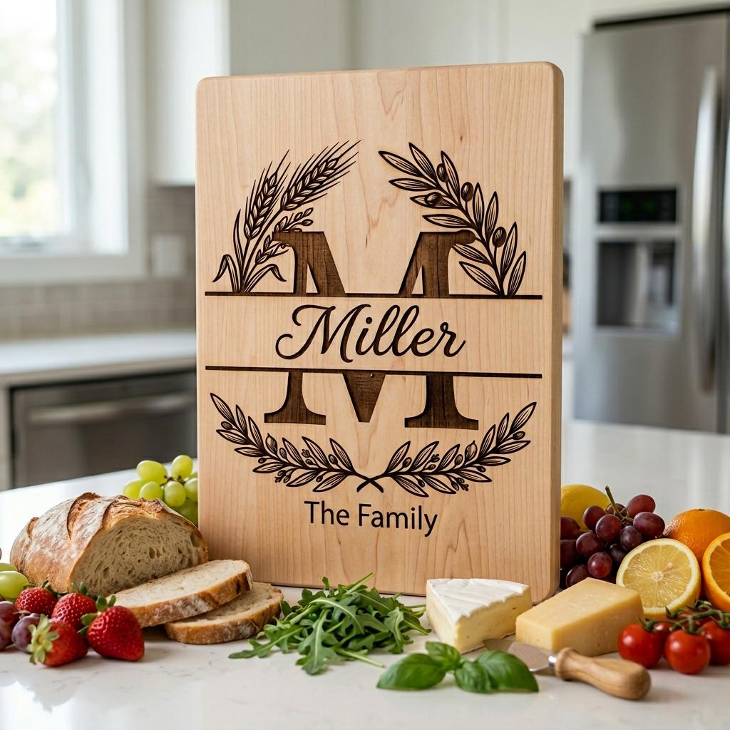 Monogram Alphabet Engraving File, Custom Family Name, Wheat Olive Branch Board Design