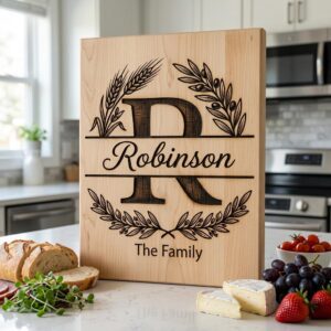 Monogram Alphabet Engraving File, Custom Family Name, Wheat Olive Branch Board Design