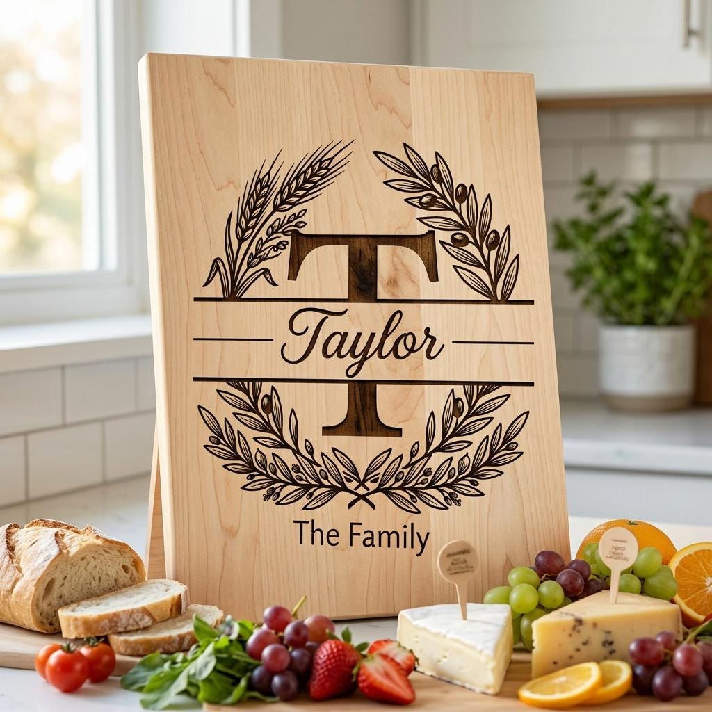 Monogram Alphabet Engraving File, Custom Family Name, Wheat Olive Branch Board Design