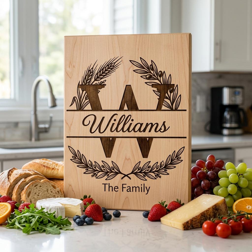 Monogram Alphabet Engraving File, Custom Family Name, Wheat Olive Branch Board Design