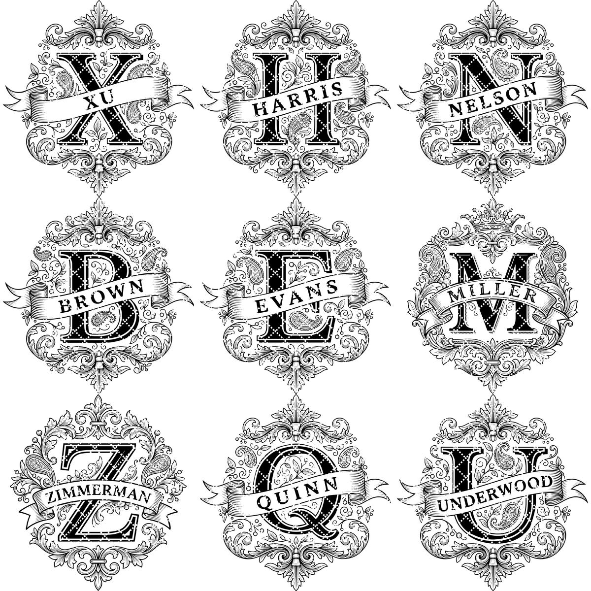 Ensemble de Monogrammes, Dessins de gravure d'armoiries familiales ornées, Alphabet personnalisé pour planches – Image 12