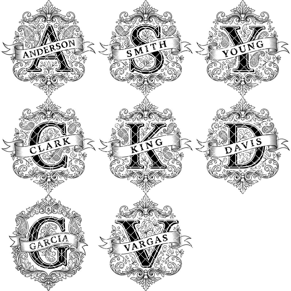 Ensemble de Monogrammes, Dessins de gravure d'armoiries familiales ornées, Alphabet personnalisé pour planches – Image 14