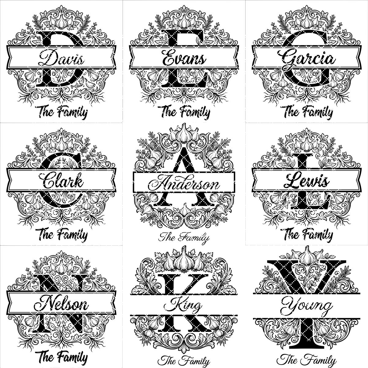 Monogram Bundle, Royal Garlic Crest Family Name, Baroque Alphabet, Chopping Board Engraving