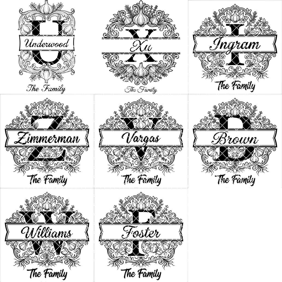 Monogram Bundle, Royal Garlic Crest Family Name, Baroque Alphabet, Chopping Board Engraving