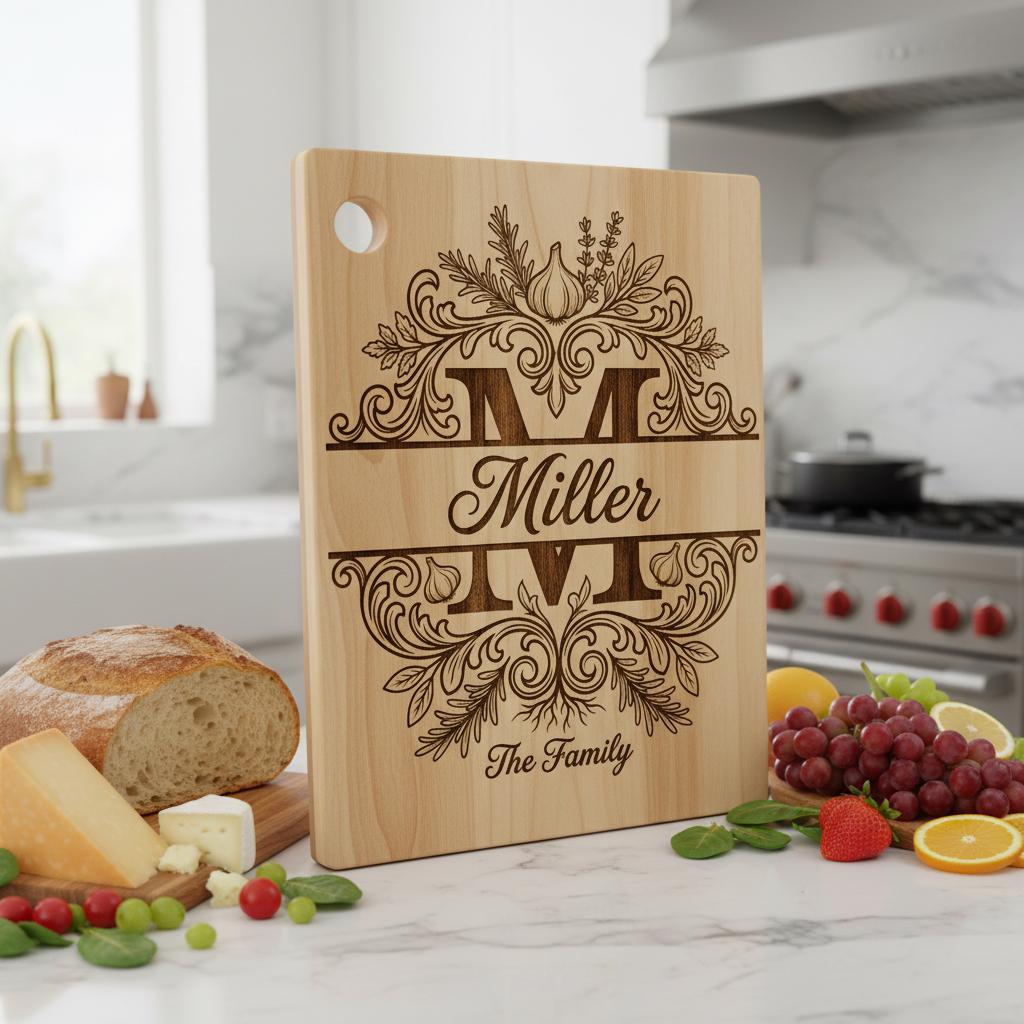 Monogram Bundle, Royal Garlic Crest Family Name, Baroque Alphabet, Chopping Board Engraving