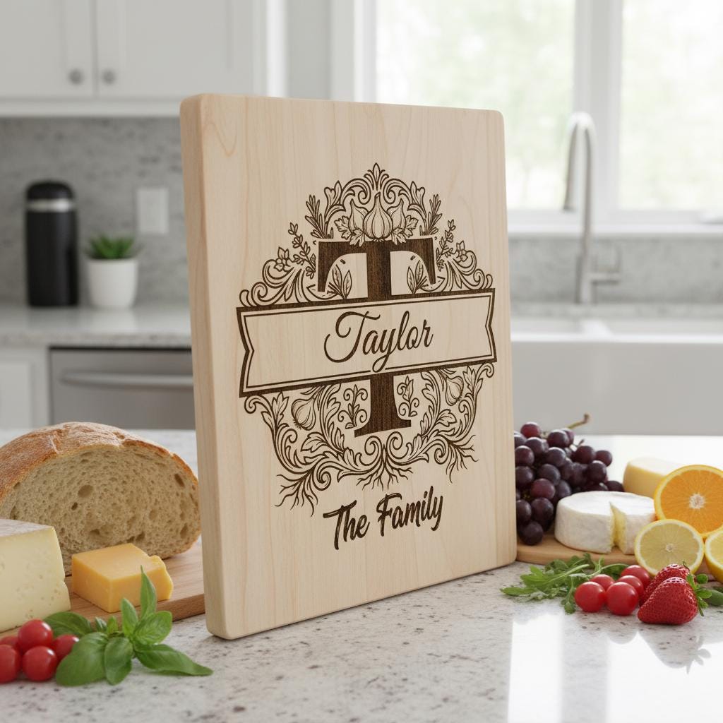 Monogram Bundle, Royal Garlic Crest Family Name, Baroque Alphabet, Chopping Board Engraving