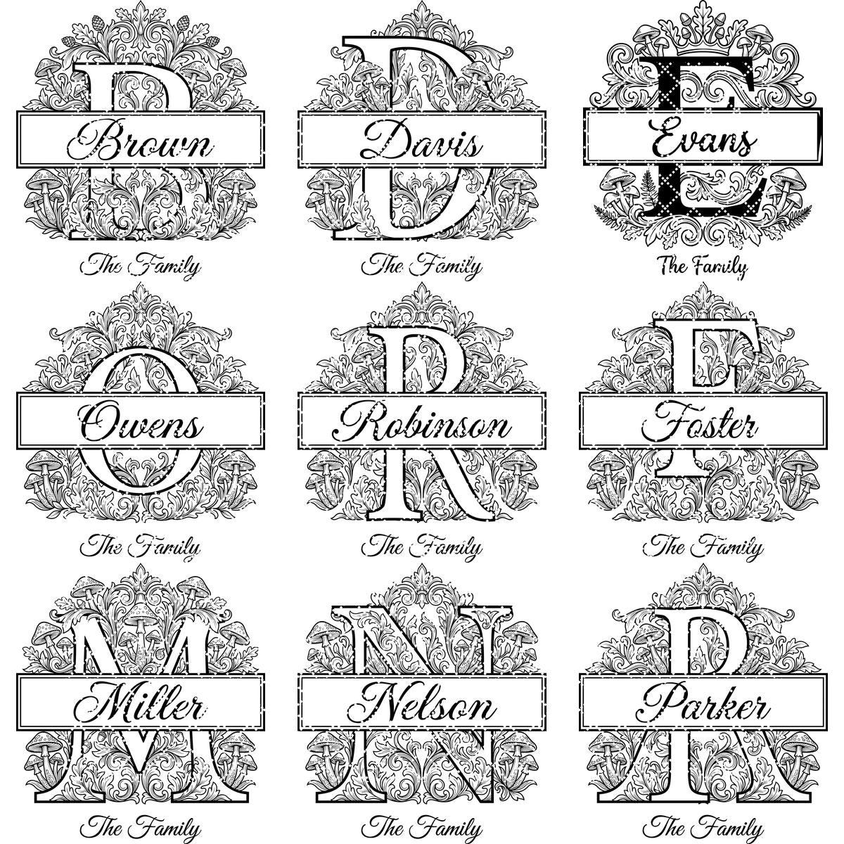 Mushroom Monogram Engraving Design, Custom Family Crest Botanical Alphabet Bundle