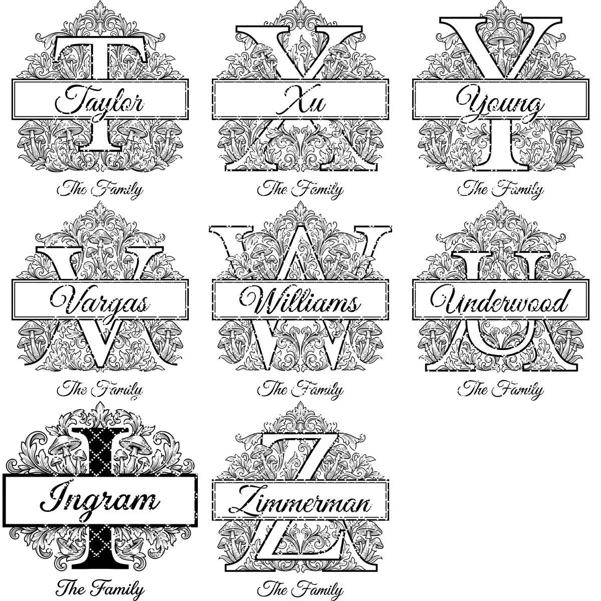 Mushroom Monogram Engraving Design, Custom Family Crest Botanical Alphabet Bundle