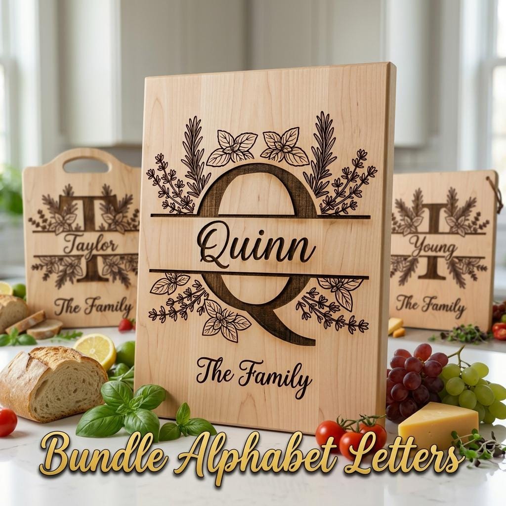 Rustic Herb Monogram Engraving Board, Custom Family Name, Farmhouse Kitchen Decor