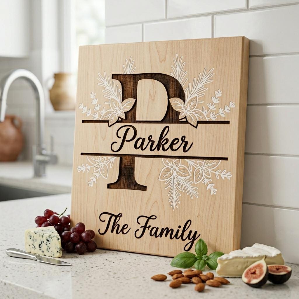 Rustikales Kräuter-Monogramm Gravurbrett, personalisierbarer Familienname, Landhaus-Küchendekoration – Bild 2