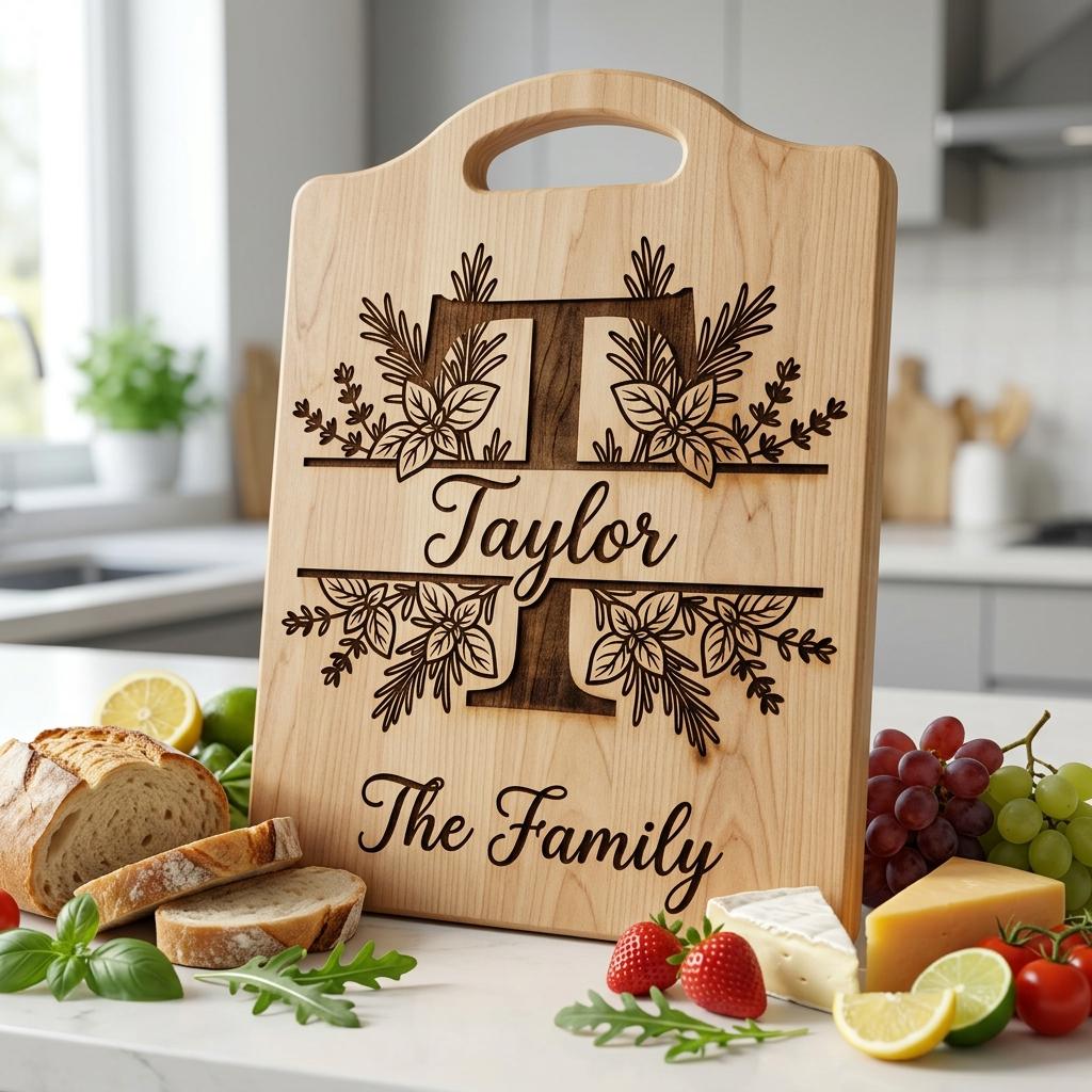 Rustikales Kräuter-Monogramm Gravurbrett, personalisierbarer Familienname, Landhaus-Küchendekoration – Bild 5