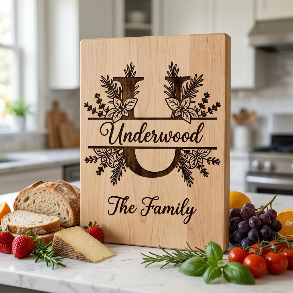 Rustikales Kräuter-Monogramm Gravurbrett, personalisierbarer Familienname, Landhaus-Küchendekoration – Bild 6