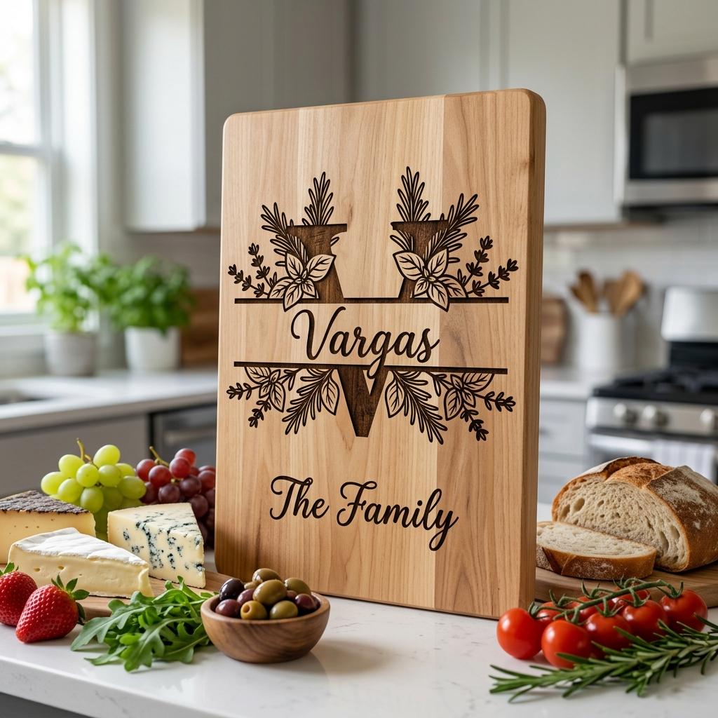 Rustikales Kräuter-Monogramm Gravurbrett, personalisierbarer Familienname, Landhaus-Küchendekoration – Bild 7