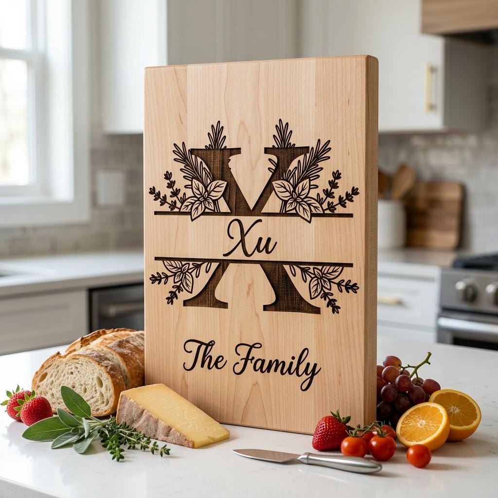 Rustikales Kräuter-Monogramm Gravurbrett, personalisierbarer Familienname, Landhaus-Küchendekoration – Bild 8
