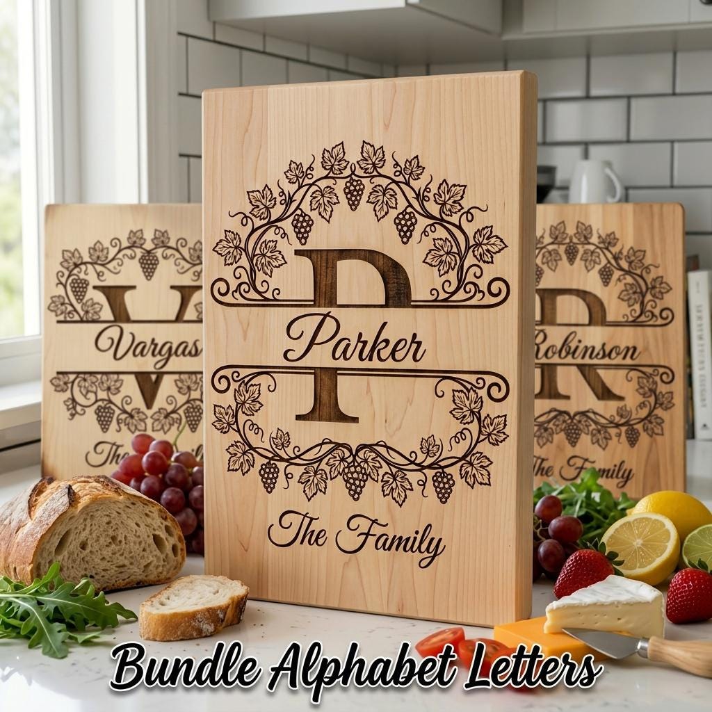 Vintage Vineyard Monogram Board, Custom Family Name Engraving File, Alphabet Bundle
