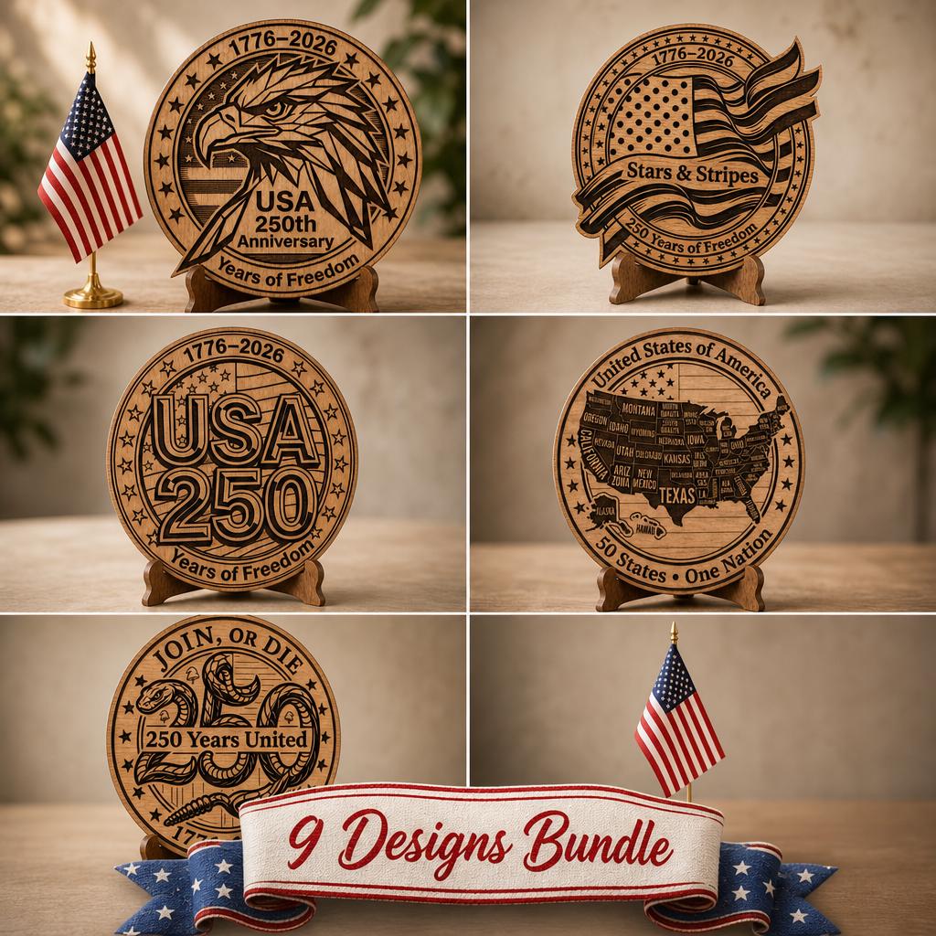 250th Anniversary Modern Patriotic Laser Engraving Design, USA Wooden Sign Bundle