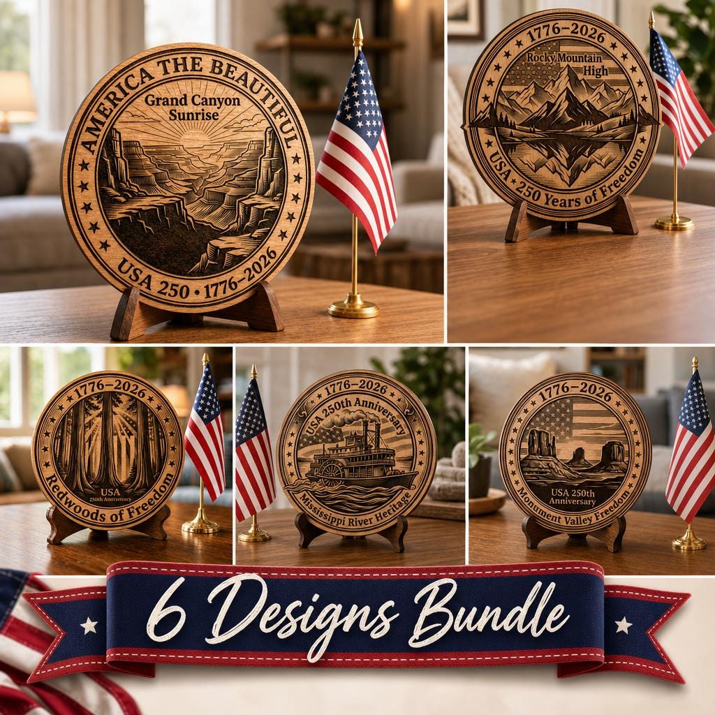 250th Anniversary Patriotic Wood Sign Bundle, American Landscape Engravings