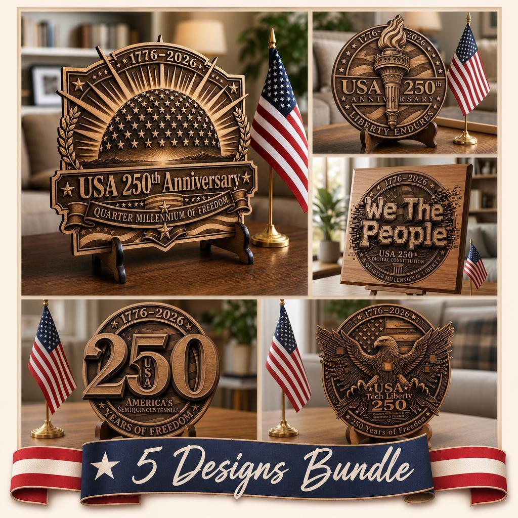 3D Illusion Laser Design Bundle, USA 250th Anniversary Patriotic Wood Sign
