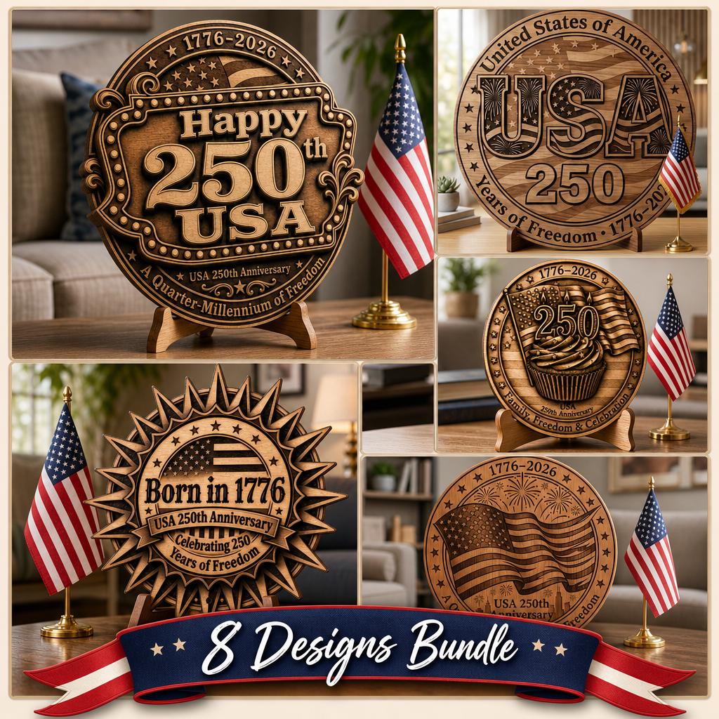 3D Illusion PNG Bundle, Laser Engraving Design, USA 250th July 4 Wood Sign