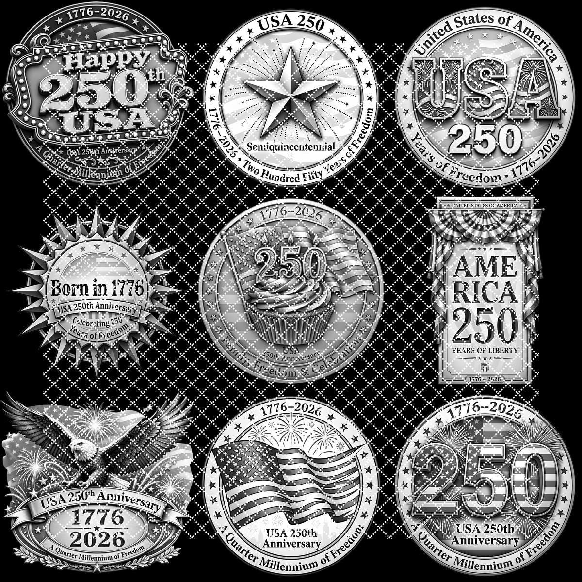 3D Illusion PNG Bundle, Laser Engraving Design, USA 250th July 4 Wood Sign