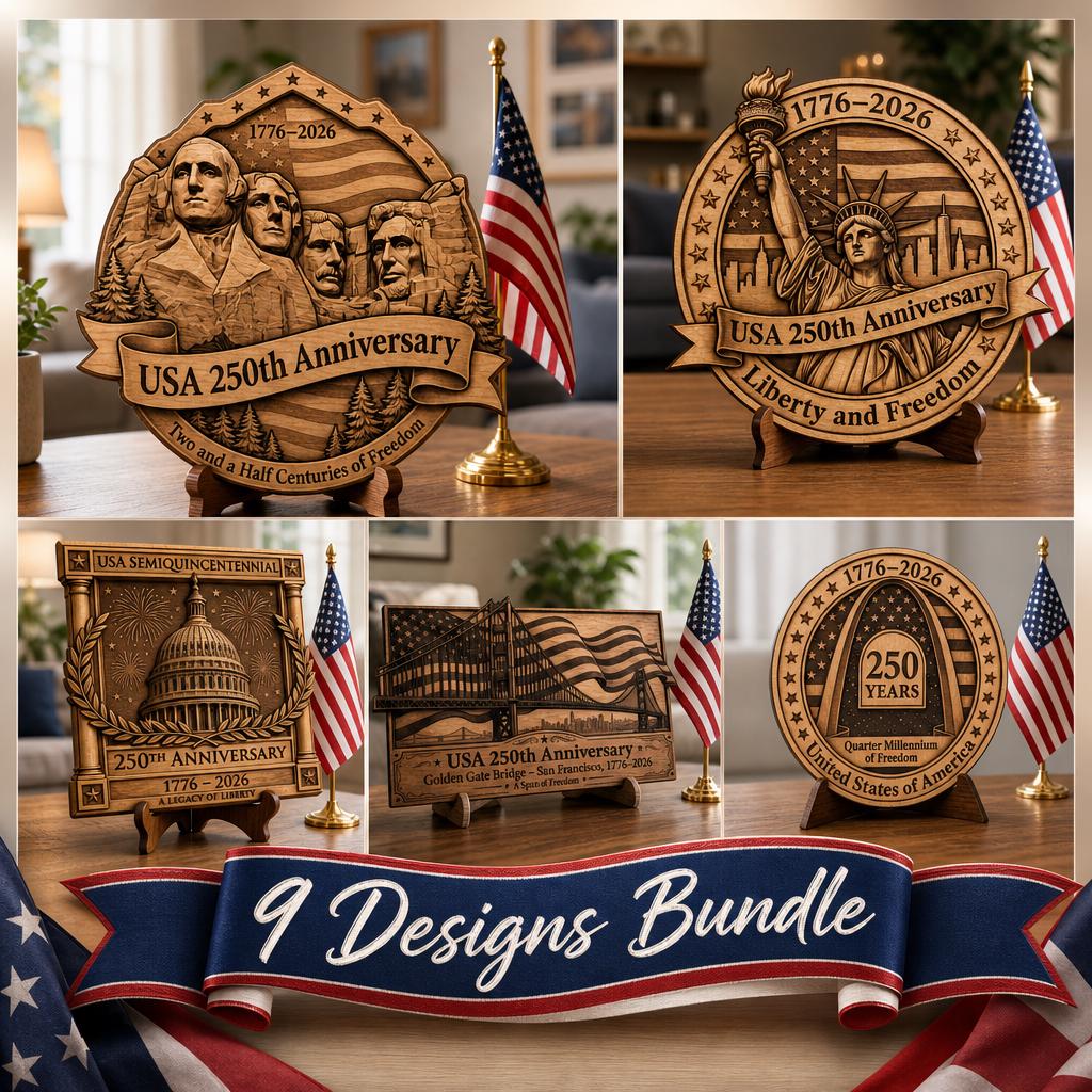 Laser Engraving File, USA Anniversary 3D Illusion, Patriotic Landmark PNG Bundle