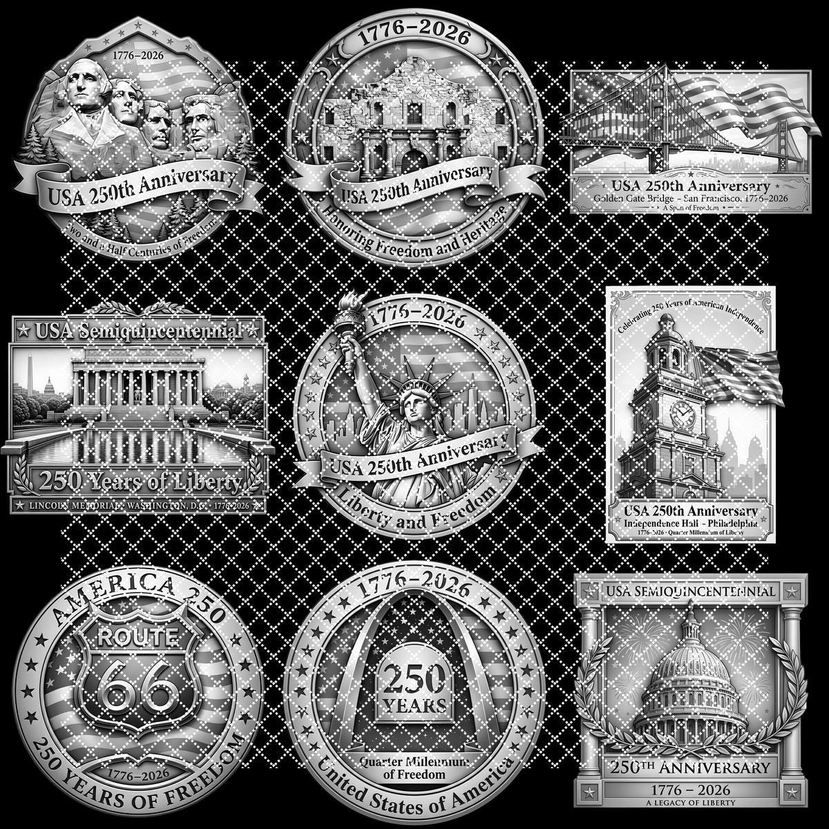 Laser Engraving File, USA Anniversary 3D Illusion, Patriotic Landmark PNG Bundle