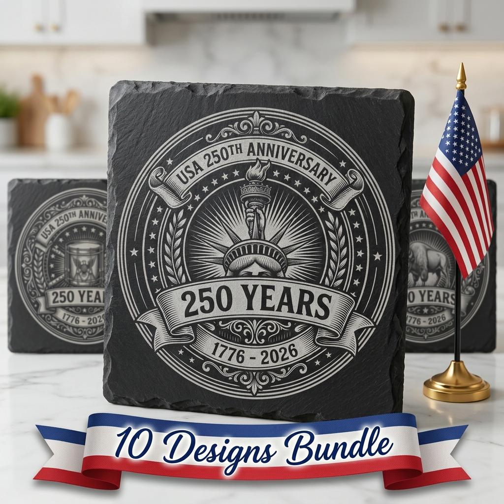 USA 250th Anniversary Patriotic Slate Coaster Engraving Files, 10 PNG Set