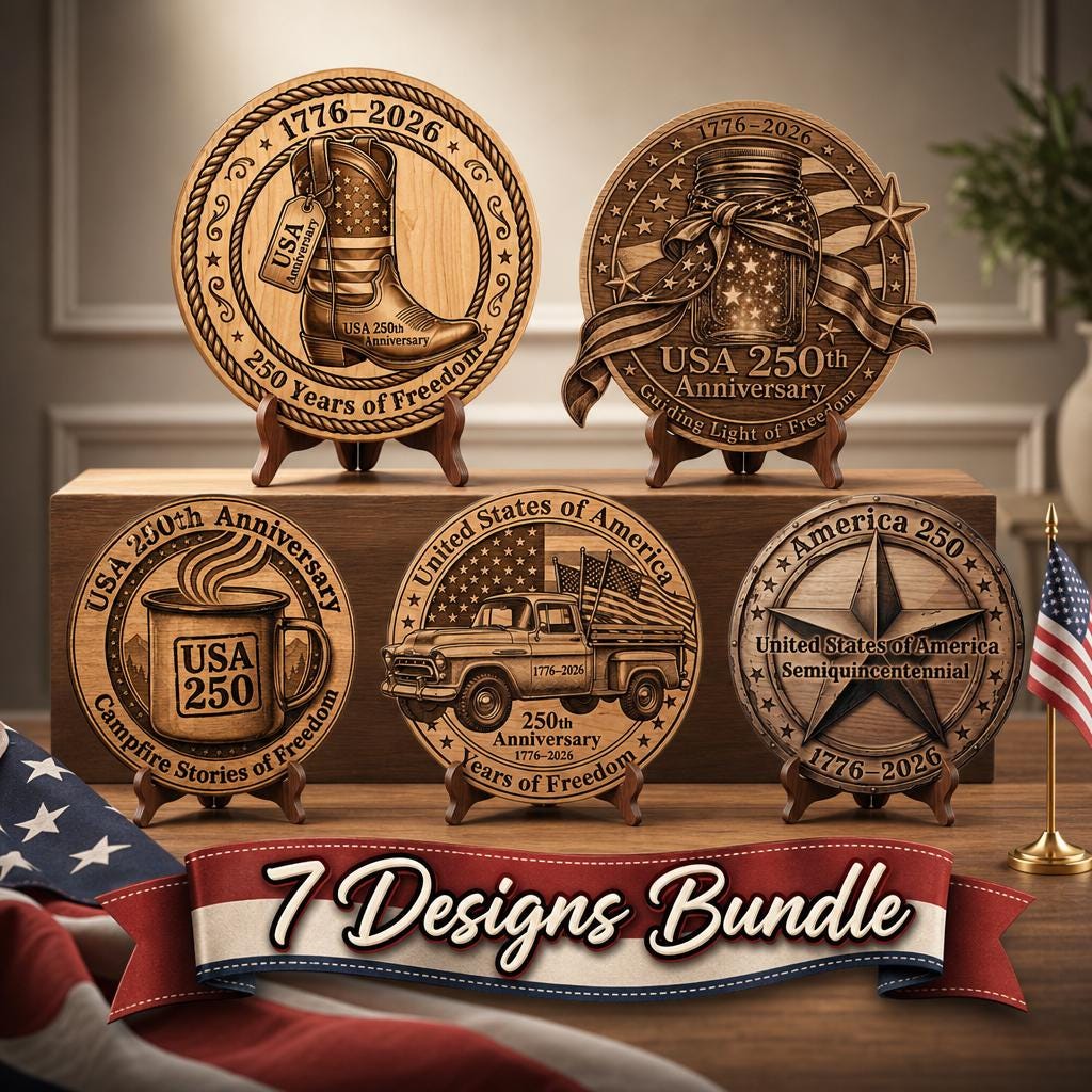 USA 250th PNG, 3D Illusion Laser Engraving, Rustic Americana Wood Decor Bundle
